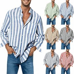 plus Size Men Shirt Lg Sleeve Loose High Elasticity Casual Dr-up Stripe Printing Striped Shirts Casual Linen Buckle Top h2nR#