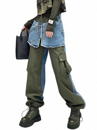 shengpalae Fi Women Denim Spliced Culottes Niche Design Elastic Waist Ctrast Color Straight Jeans Autumn 2024 New 5R7922 x647#