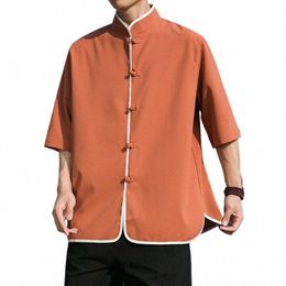 traditial Chinese Clothing for Men Vintage Half Sleeve Linen Shirts Solid Madarin Collar Hanfu Kungfu Male casual Tops 04ME#