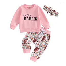 Clothing Sets Infant Toddler Baby Girls Long Sleeve Shirts Letter Sweatshirts Floral Cow Trousers Headband Fall Winter Outfits