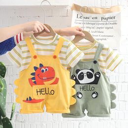 Clothing Sets Infant Baby Girls Clothes Suits Short Sleeve Strips T Shirt Cartoon Bib Pants 2Pcs/Sets Children Casual Costume