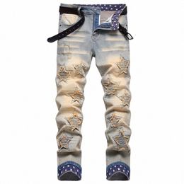 men Pleated Star Patch Denim Jeans Streetwear Printed Hem Slim Straight Pants Vintage Retro Blue Patchwork Stretch Trousers F7XM#