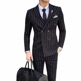 Smart Casual Black Stripe Pattern Double Breasted Peaked Lapel Formal Busin Elegant Office Outwear 2 Piece Jacket Pants Set s7Ci #
