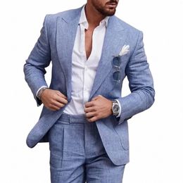 fi Linen Suits for Men Chic Peak Lapel Double One Butt Male Suit Slim Fit Busin Casual Wedding Tuxedo 2 Piece Costume K75Z#