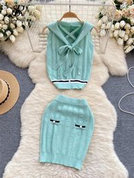 Work Dresses SINGREINY Y2K Girl Knitted Suits Sleeveless Hooded Tops Buttons Bodycon Skirt Female Solid Senior Summer Two Pieces Sets