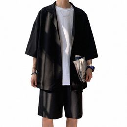 summer 2 Piece Set Men Suit Jacket and Shorts Oversized Clean Fit Male Clothes Korean Style Casual Loose Short Shirt Outfits Man Z8nv#