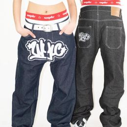 Damen Jeans Y2k Baggy Vintage Männer Frauen Streetwear Schwarz Druck Gerade Bein Hosen Mode Niedrige Taille Denim Hosen