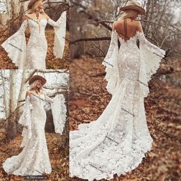 Ärmel Lange Kleider 2021 Hochzeit Boho Sheer O-Ausschnitt Vintage Crochet Bold Cotton Lace Bohemian Hippie Country Bride Kleider