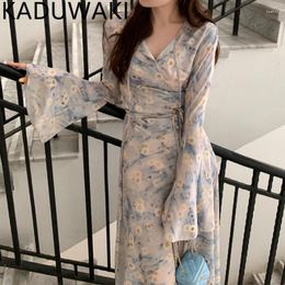 Casual Dresses Japanese Floral Printed Split Summer V-neck Long Flare Sleeve Robe Chic Sexy Slim Waist Bodycon Vestidos Simple