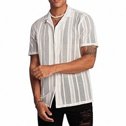 men's Mesh See Through Mesh Sexy Shirt Short Sleeve Butt Down Vintage Streetwear Party Tops Summer Clothing S-3XL 2024 New I86F#