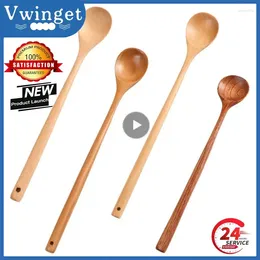 Spoons Long Wooden Korean Style Soup Cooking Mixing Stirr 10.9 Inches Natural Wood Handle Round Kitchenware