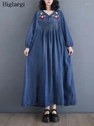 Casual Dresses Denim Oversized Spring Long Dress Women Flower Embroidery Fashion Ethnic Style Ladies Loose Ruffle Pleated Woman