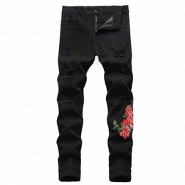 new Arrival Men's Cott Ripped Hole Jeans Casual Slim Skinny Black Embroidered Jeans Men Trousers Fi Hip Hop Denim Pants a1sZ#