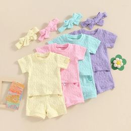 Clothing Sets Toddler Baby Girls Set Solid Floral Short Sleeve T-shirt With Elastic Waist Shorts Hairband Summer Outfit