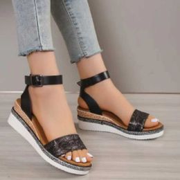 Sandals New Summer Womens Shoes 2024 Platform Solid Color Casual Wedge Open Button Beach H240328KY92