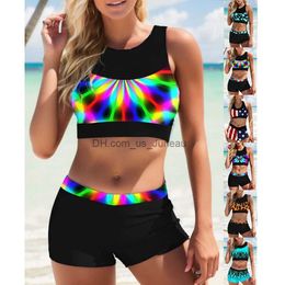 Women's Swimwear Womens Rainbow Floral Print Bikini Set Summer Sexy Slim Floral Womens Low Waist Swimwear S-5XL T240328