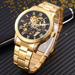 Shenhua Golden Skeleton Automatic Mechanical Watch Men Fashion Waterproof Shockproof Clock Mechanical Watch Men Men Watches Y19062182P