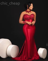 2024 Aso Ebi Burgundy Mermaid Prom Dress Lace Beaded Satin Evening Formal Party Second Reception 50th Birthday Engagement Gowns Dresses Robe De Soiree Z81