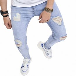 men Stylish Holes W Blue Skinny Biker Jeans Slim Stretch Distred Cott Joggers Denim Pants 88wR#