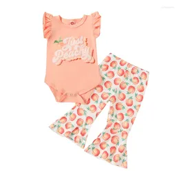 Clothing Sets Kid Girls Pants Suit Casual Street Sleeve Round Neck Romper Tops Bell-Bottoms Peach Pink