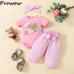 Clothing Sets Prowow Baby Girls Clothes 2024 Summer Beach Bear Bodysuit And Pink Stripes Pants 3pcs For Outfits