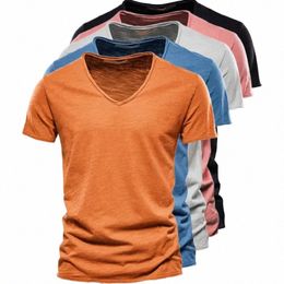 100% Cott V-Ausschnitt Männer T-Shirt Fitn Sport Laufen Slim Fit Soild T-Shirts Männlich Tops T-Shirts Sommer Kurzarm T-Shirt für Männer l9nw #