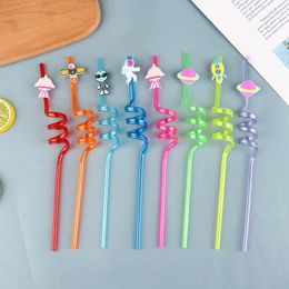 Party Decoration 8Pcs Outer Space Straws Reusable Solar System Plastic Straw Rocket Spaceship Satellite Planet For Decor