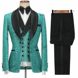 costume Homme Shinny Turquoise Formal Men Suits Groom Wear Sparkles Slim Fit 3-Pieces Suit Party Dinner Dr Wedding Tuxedos q2ZQ#