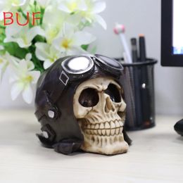 Sculptures Aviator Skull Ornament Human Head Skull Statue for Home Decor Resin Figurines Halloween Decoration Sculpture Model Crafts