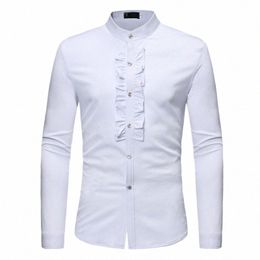 mens Ruffle Tuxedo Dr Shirts 2018 Brand New Slim Fit Lg Sleeve Stand Collar Shirt Men Prom Performing Wedding Chemise Homme 02KH#