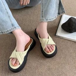 Slippers Platform Women Summer Outside Wear 2023 New Black Bottom Cross Belt Beach Slides Shoes 3.5cm Heels Solid H240328