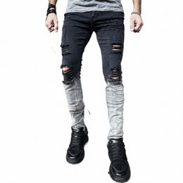 mens Distred Stretch Jeans Cool Black Fi Skinny Ripped Slim Fit Hip Hop Trousers Holes Men Zip Jeans Party Casual v7qb#