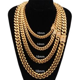 12-18mm wide Stainless Steel Cuban Miami Chains Necklaces CZ Zircon Box Lock Big Heavy Gold Chain for Men Hip Hop Rock Jewelry226o
