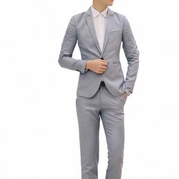 1 Set Men Blazer Pants Solid Color Slim Fit Male Suit Top Pants Turndown Collar One Butt Formal Suit For Wedding S4BI#