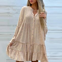 Casual Dresses Spring V-neck Single Breasted Pleat Party Dress Women Elegant Polka Dot Print A-Line Fall Fare Long Sleeve Loose Derss