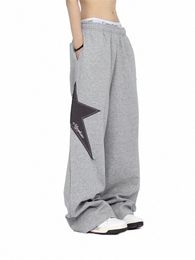 qweek Y2K Vintage Star Sweatpants Women Harajuku Retro Streetwear Patchwork Jogger Pants Oversized Hip Hop Grey Sports Trousers 536z#