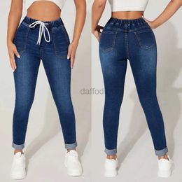 Women's Jeans 2023 Autumn and Winter Womens High Stretch Elastic Waist Drawstring Jeans Fashion Skinny Slim Ankle-Length Denim Pencil Pants 24328