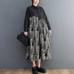 Casual Dresses 2024 Arrival Japanese Style Print Patchwork Dark Black Chic Girl Loose Autumn Blouse Dress Fashion Women Spring