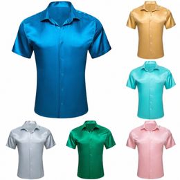 luxury Men's Shirts Short Sleeve Silk Solid Satin Blue Gold Teal Green Gray Pink Slim Fit Casual Summer Tops Clothes Barry Wang m7sJ#