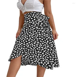 Skirts Women Midi Skirt Casual Printed High Waist Ruffle Hem Irregular Loose Tie-Up Elegant Ladies Below-Knee Split Bottoms
