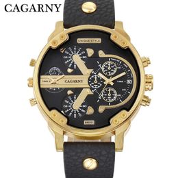 Luxury Cagarny Quartz Watch Men Black Leather Strap Golden Case Dual Times Military dz Relogio Masculino Casual Mens Watches Man X179A