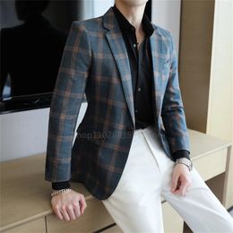 Mens Blazer Britishs Style Casual Slim Fit Suit Jacket Male Plaid Blazers Single Button Men Coat Terno Masculino 240314