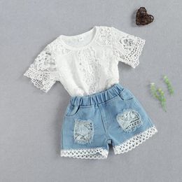 Clothing Sets 2Pcs Baby Girls Outfit Summer Breathable Round Collar Short Sleeve Hollow Lace Romper Ripped Denim Shorts Set 2024 Style