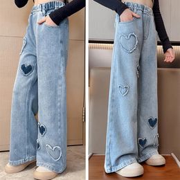 Childrens Clothing Kids Jeans Girls Love Fleece Denim Wide Leg Pants Loose Fit Mid To Large Home Outwear 240323