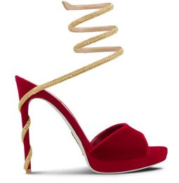 Women Top Luxury Summer Walk Margot Red Velvet Sandal Shoe Renecaovilla Crystal Strappy Wraps Around Heels Ankle Lady Party Wedding Red High Heel Dress Shoes Box