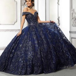 Navy Blue Shiny Princess Quinceanera Dresses Off the Shoulder Ball Gown Sweet 16 Dress Beads Appliques Lace Beads 15th Party Gown