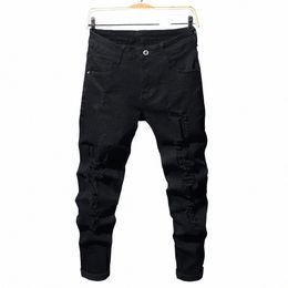 men Slim Biker Ripped Lg Denim Trousers Skinny Jeans pocket Young Man Jogging Pants Destroyed Stretchy Black Pants J60Q#