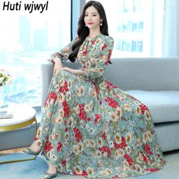 Casual Dresses 2024 Floral Chiffon Chic Bow Collar Midi Dress Spring Autumn Elegant Bodycon Party Vestidos Women Korean Casaul Beach Long