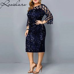 Elegant Sequin Plus Size 4XL 5XL Women Midi Dress Sexy Casual Evening Party Dresses Gown Wedding Luxury Robe Rouge Vestidos 240321