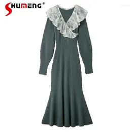 Casual Dresses 2024 Autumn And Winter Long Vestidos Women's Clothing Pleated Lotus Leaf Collar Patchwork Knitting Slim Mid Calf Fishtail